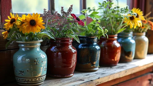 Colorful Ceramic Vases on Wooden Window Sill with Flowers