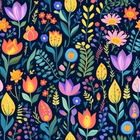 Colorful Tulips and Pansies Pattern on Dark Blue Background
