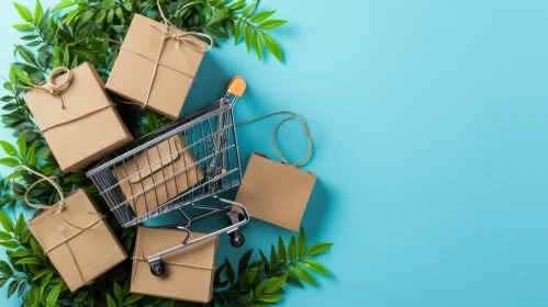 Elegant Composition of Shopping Cart with Brown Cardboard Boxes