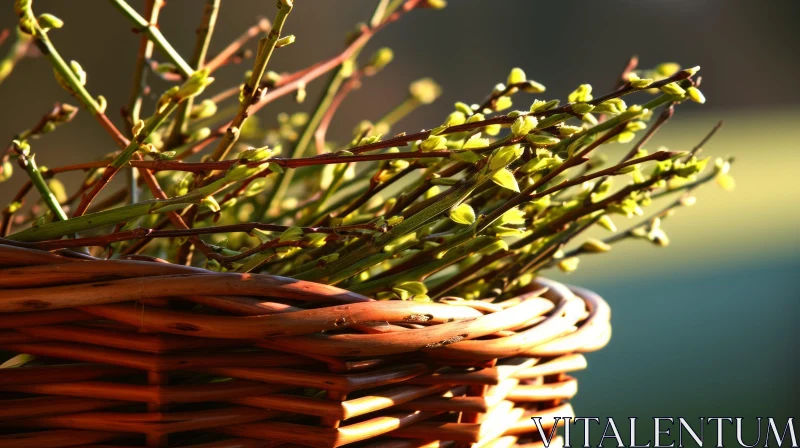 Freshly Cut Willow Branches in a Wicker Basket AI Image