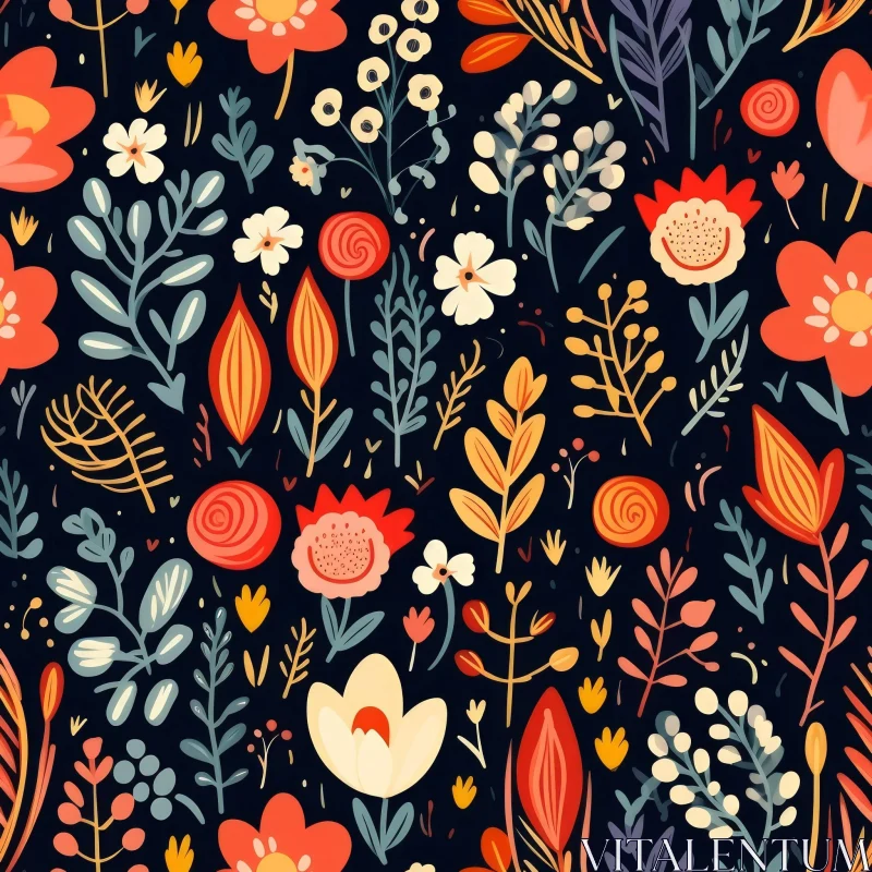 Hand-Drawn Floral Pattern on Dark Blue-Gray Background AI Image