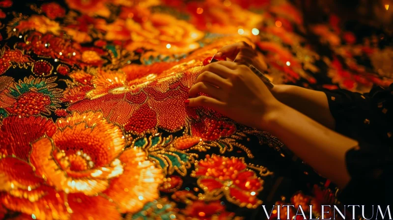Intricate Embroidery: Skilled Hands Creating a Floral Masterpiece AI Image