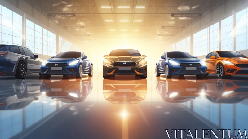Modern Cars Displayed in Vibrant Showroom AI Image