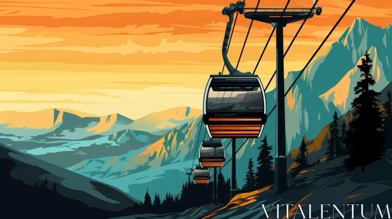 Mountain Cable Car Illustration - Retro Travel Poster Style AI Image