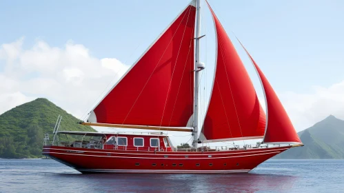 Red Sailing Yacht on Calm Sea with Green Hills