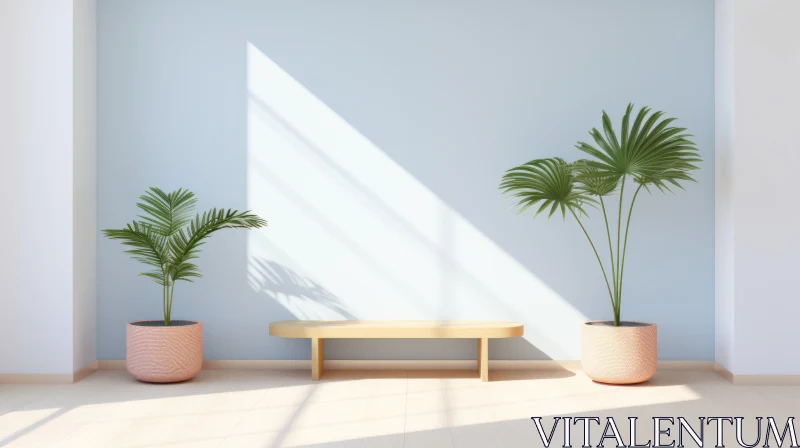 Serene 3D Room Rendering with Blue Wall and Palm Trees AI Image