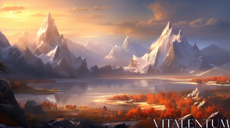 AI ART Serene Mountain Landscape with Snow-Covered Peaks and Autumn Trees