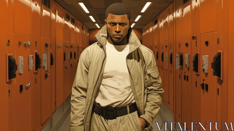 Serious African American Man in Hallway with Lockers AI Image