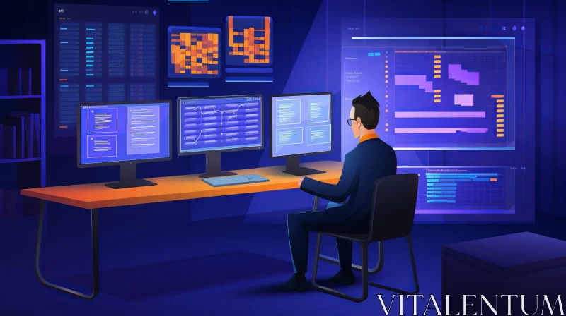 AI ART Serious Businessman in Dark Room with Computer Monitors