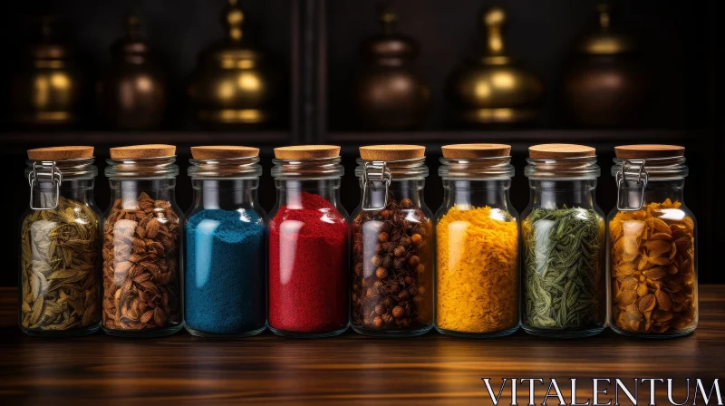 Spice-filled Glass Jars on Wooden Table AI Image