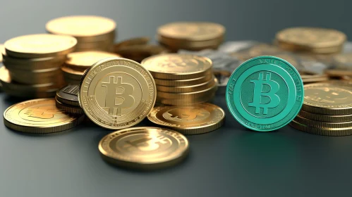 Stack of Gold and Green Bitcoin Coins - Finance Image