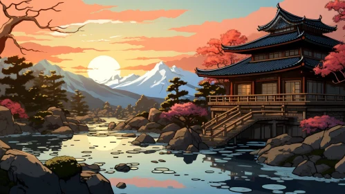 Tranquil Japanese House Landscape at Sunset