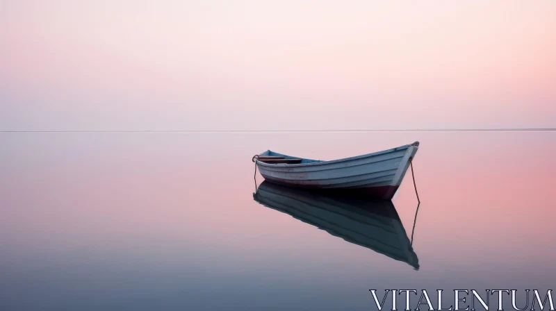 Tranquil Lake Sunset with Wooden Rowboat AI Image