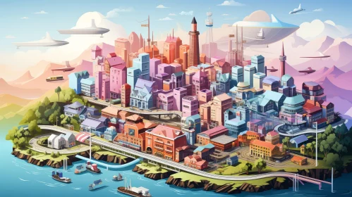 Vibrant City Illustration on Islands with Bridges and Boats
