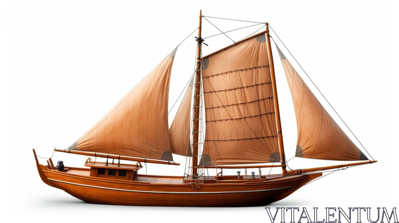 Wooden Sailing Ship with Two Masts and Tan Sails AI Image