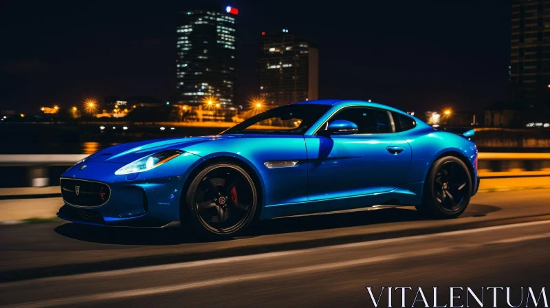 Blue Jaguar F-Type Night Scene Driving - Cityscape Background AI Image