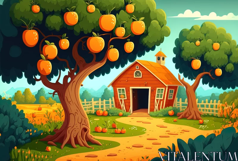 Captivating Cartoon Landscape: Orange Trees in an Old Farm AI Image