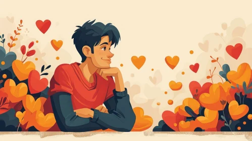 Cartoon Illustration of a Thoughtful Young Man