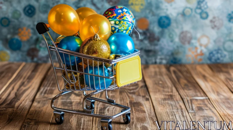 Christmas Ornaments in a Shopping Cart on Wooden Table AI Image