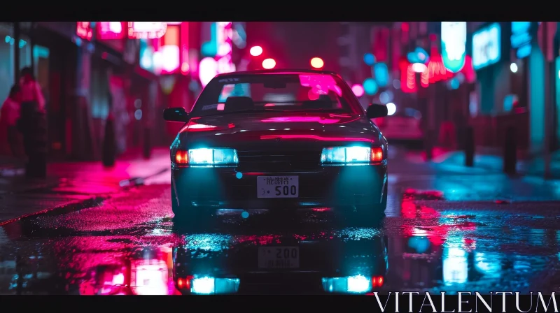 AI ART City Night Reflection: Dark Car Parked in Neon Lights