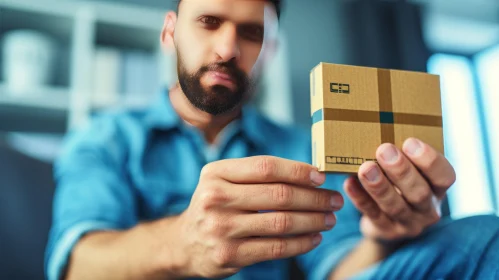Close-up of a Bearded Man Examining a Small Cardboard Box