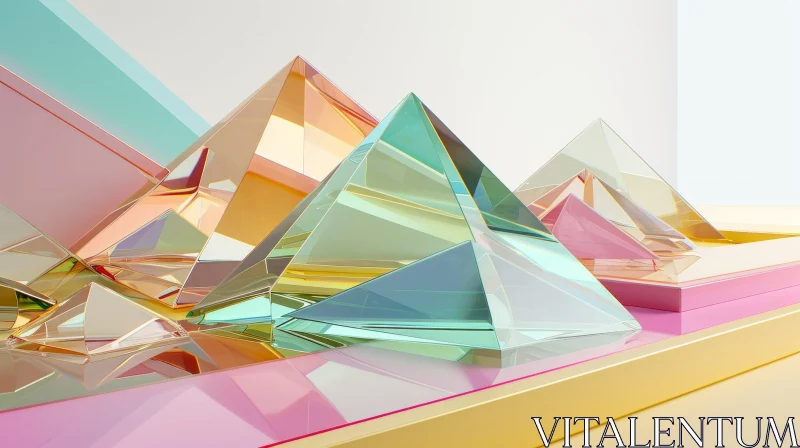Colorful Glass Pyramids on Pink Podium - 3D Render Image AI Image