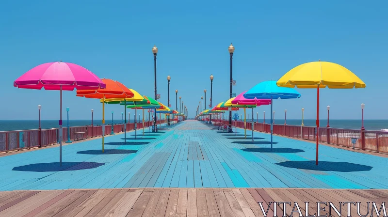 Colorful Pier with Rainbow Umbrellas on Blue Ocean AI Image