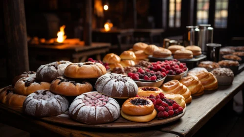 Delicious Pastries on Wooden Table with Fireplace
