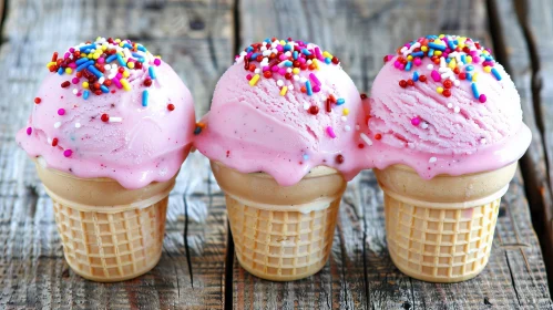 Delicious Strawberry Ice Cream Cones on Wooden Surface