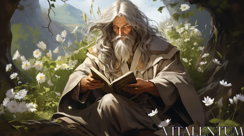 Elderly Man Reading in Enchanted Forest AI Image