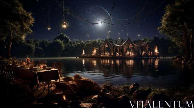 Enchanting Night Fantasy: Wilderness Outdoor Dining by the Lake AI Image