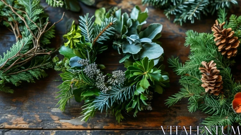 Exquisite Evergreen Wreaths on Wood Background AI Image
