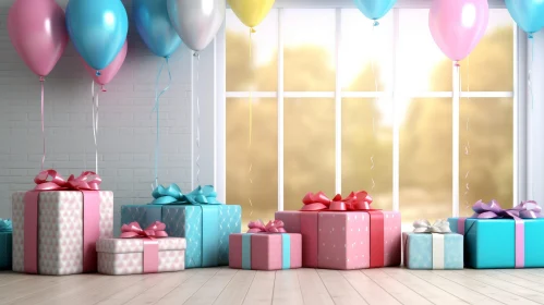 Festive Room Decor with Colorful Balloons and Gift Boxes