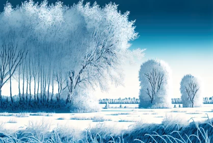 Frost-covered Trees in Dutch Landscape: Hyper-Detailed Illustration