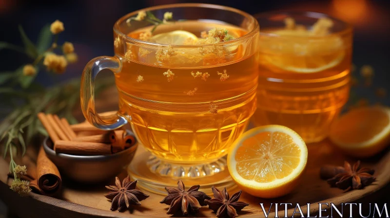 Golden Tea with Lemon and Spices on Wooden Table AI Image