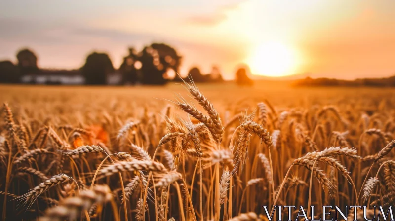 Golden Wheat Field at Sunset: A Peaceful and Serene Scene AI Image