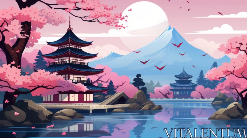 Japanese Serene Landscape with Cherry Blossoms AI Image