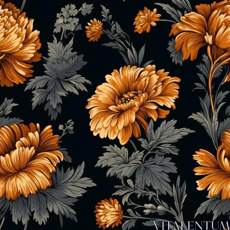 Orange and Yellow Floral Seamless Pattern on Black Background AI Image