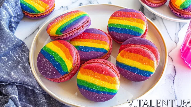 Rainbow-Colored Macarons on White Plate AI Image