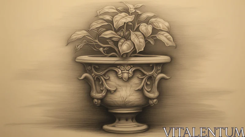 Realistic Plant Drawing in Ornate Vase AI Image