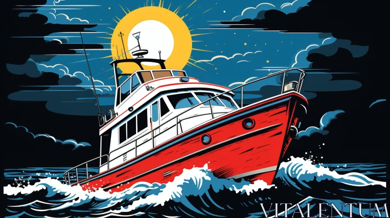 Red and White Boat Cartoon Illustration in Rough Waters AI Image