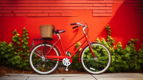 Red Bicycle Against Wall with Wicker Basket and Saddle