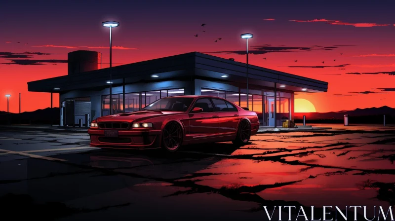 Red Car at Gas Station Sunset Painting AI Image