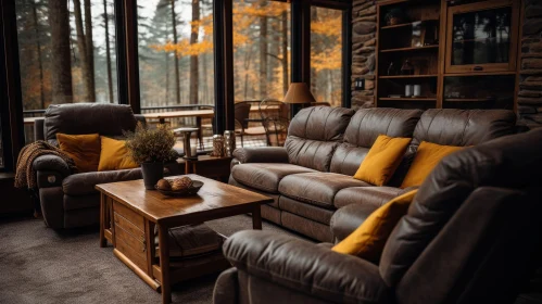 Rustic Living Room with Forest View