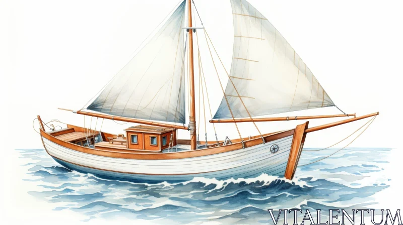 AI ART Sailing Boat Watercolor Painting on Sea