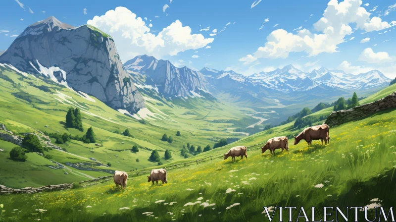 Serene Mountain Valley Landscape Painting AI Image
