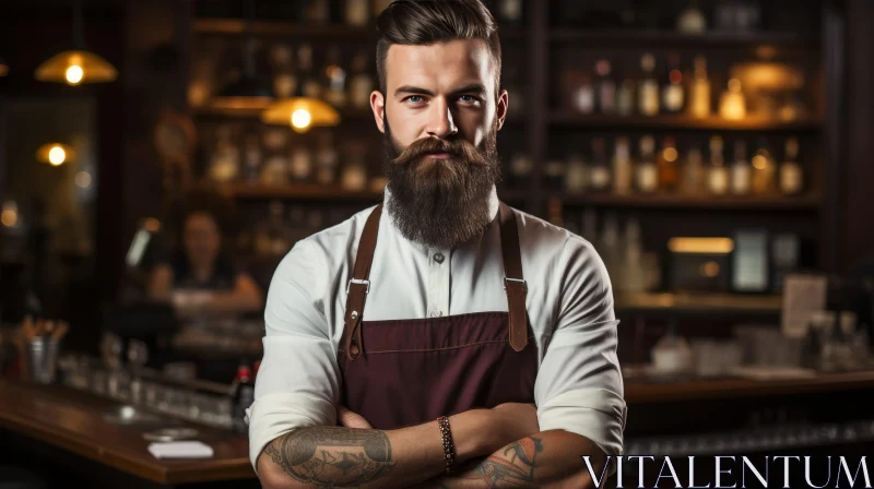 Serious Man with Beard and Tattoos in Bar or Restaurant AI Image