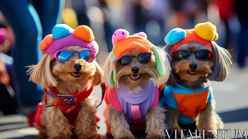 Three Dogs in Colorful Costumes: A Street Style Spectacle AI Image