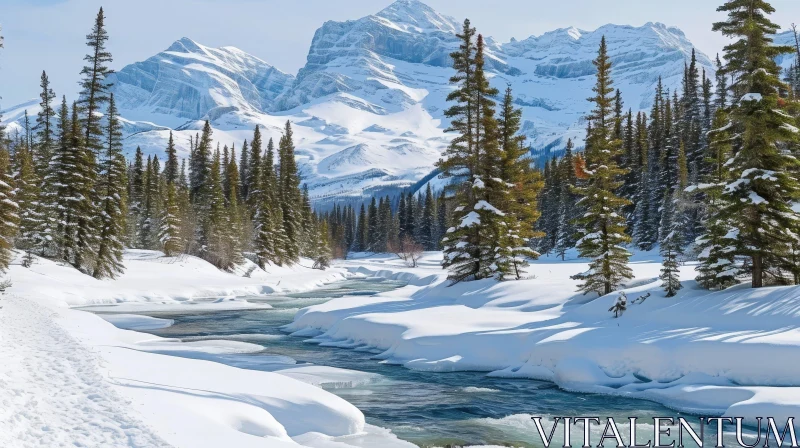 AI ART Beautiful Winter Landscape with Snow-Capped Mountain and River