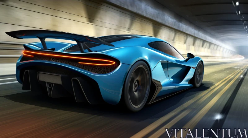 AI ART Blue Sports Car Speeding Through Dark Tunnel